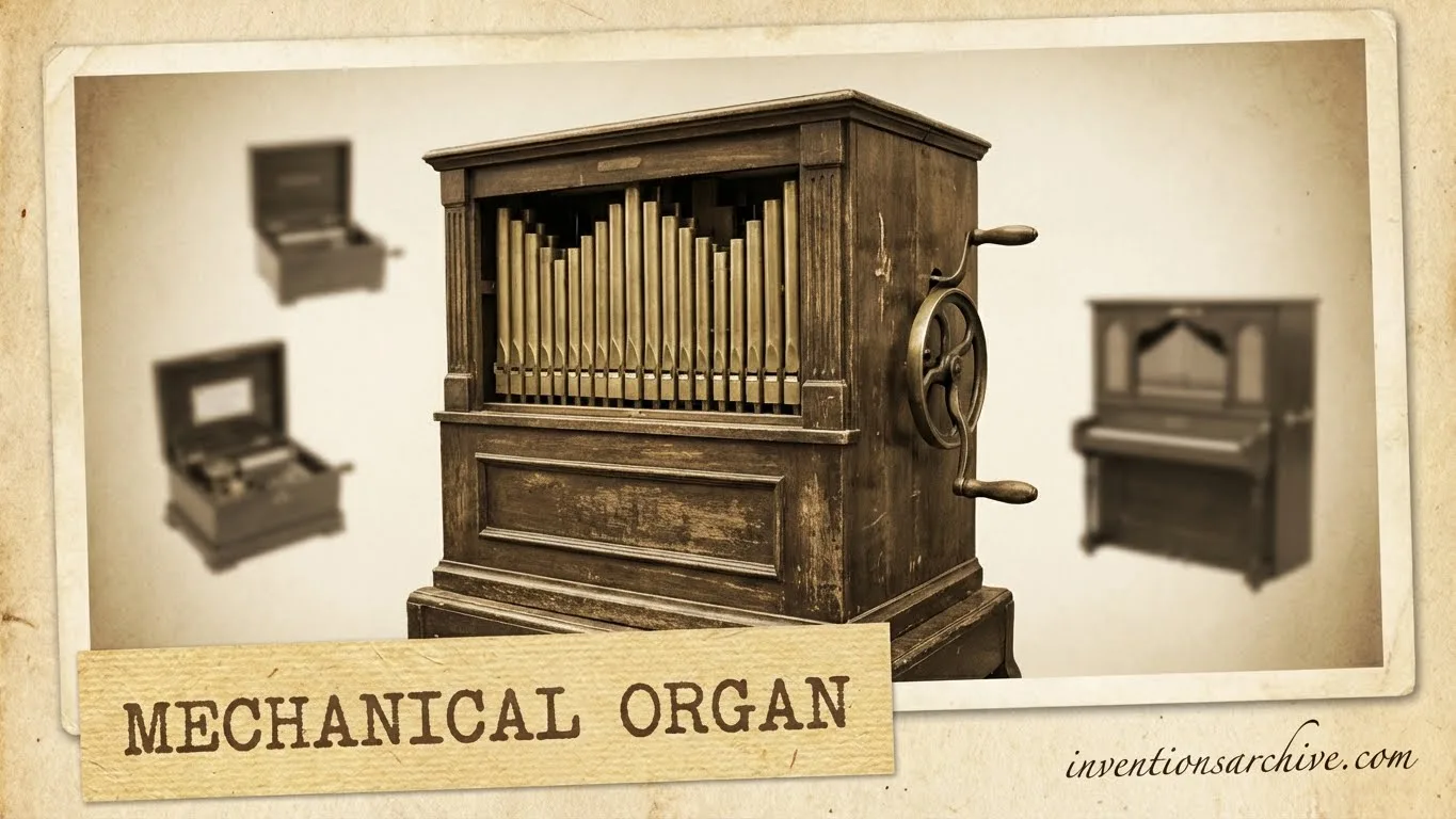 A mechanical organ with wooden pipes and a hand crank on the side.