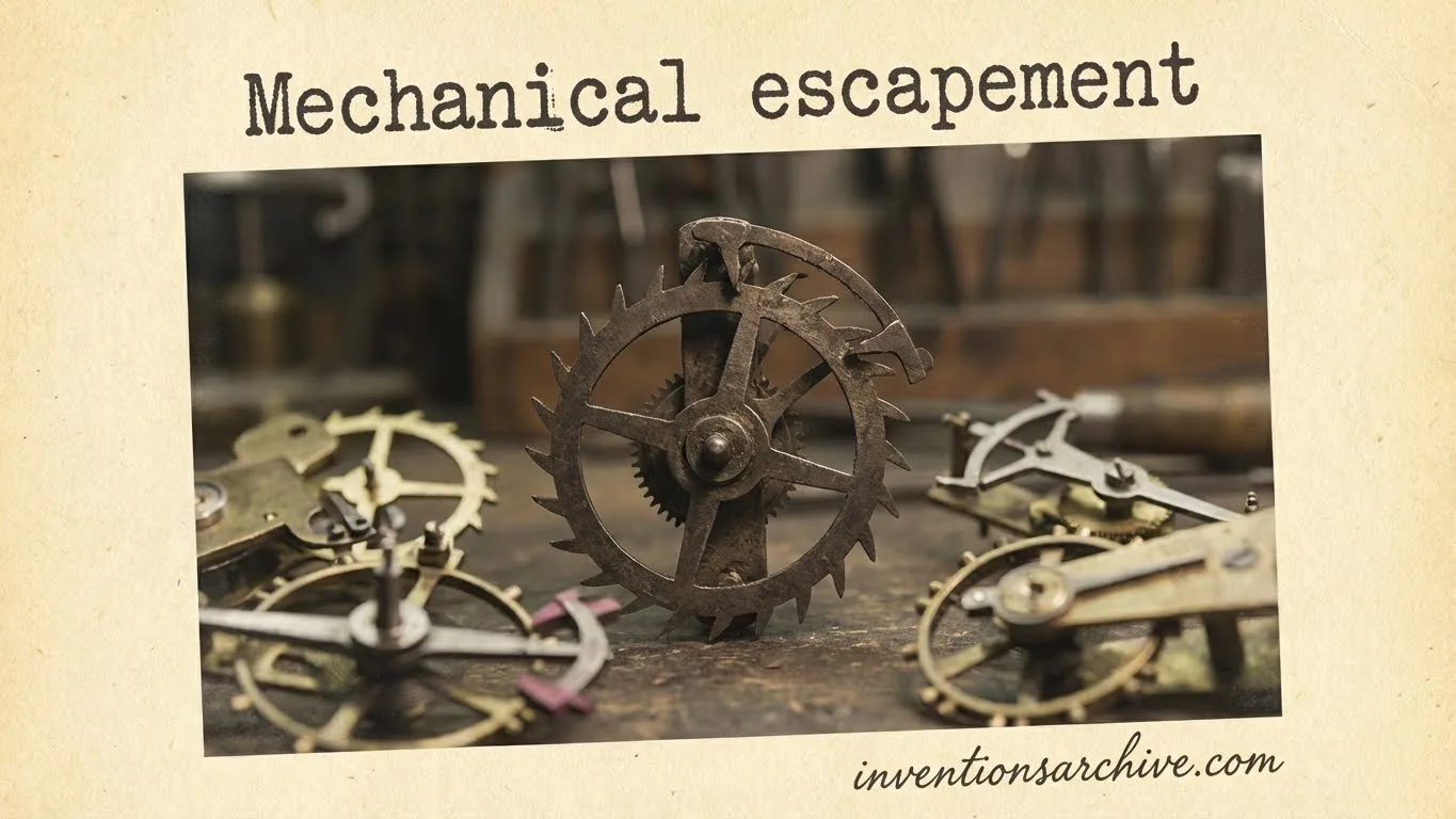 A close-up of various mechanical escapements with gears and levers in a workshop