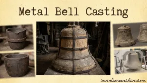 A large metal bell with a wooden frame during the metal bell casting process.