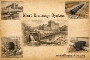 A moat drainage system with a wooden and stone construction pumping water out of a moat.