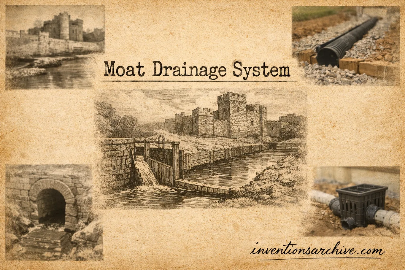 A moat drainage system with a wooden and stone construction pumping water out of a moat.