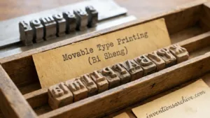 Bi Sheng's movable type printing with carved clay characters on a wooden tray.