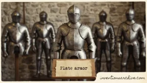 A medieval knight in shining plate armor with other armor suits in the background.