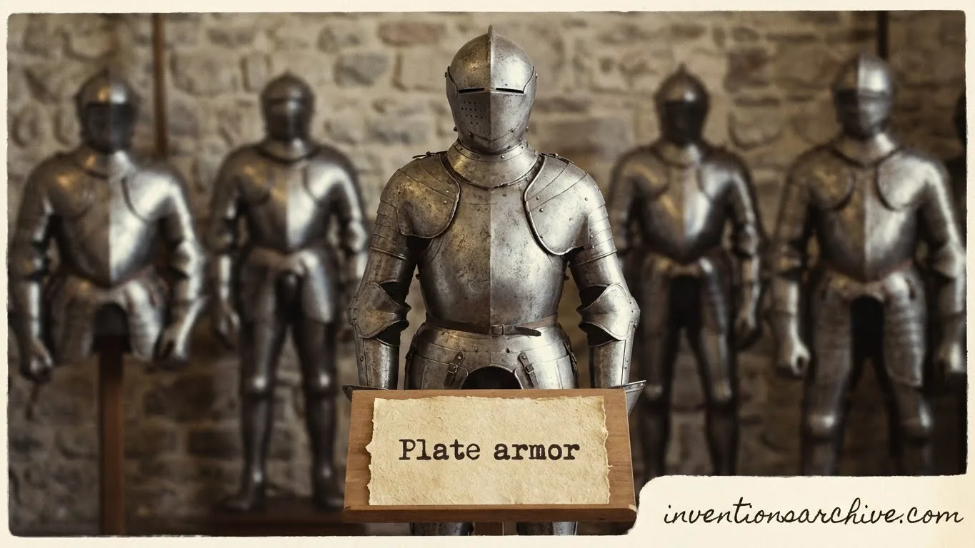 A medieval knight in shining plate armor with other armor suits in the background.