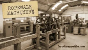 A ropewalk machinery setup with large wheels and wooden framework for manufacturing rope.
