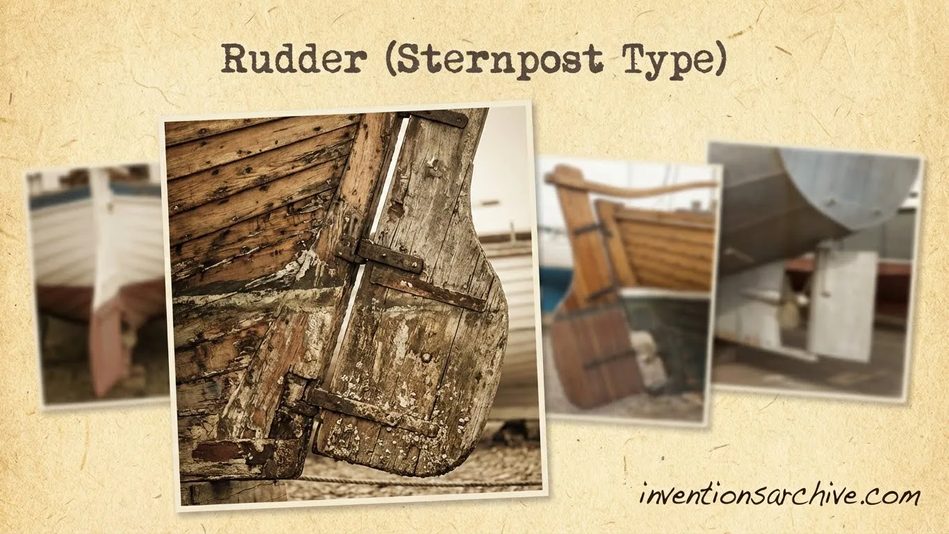 A rudder (sternpost type) shown attached to a boat's stern with a steering mechanism.