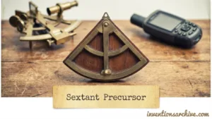 A wooden device with a semicircular ruler and a movable arm, the sextant precursor.