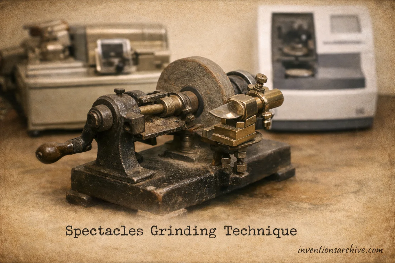 A grinding machine used for spectacles with a rotating abrasive wheel and metal frame parts.