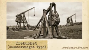 A trebuchet counterweight type with a large wooden arm and heavy counterweight lifting a projectile.