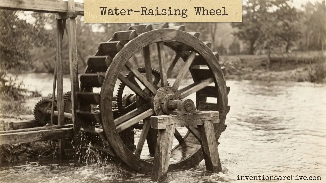 A water raising wheel with wooden spokes and bucket attachments used for lifting water.