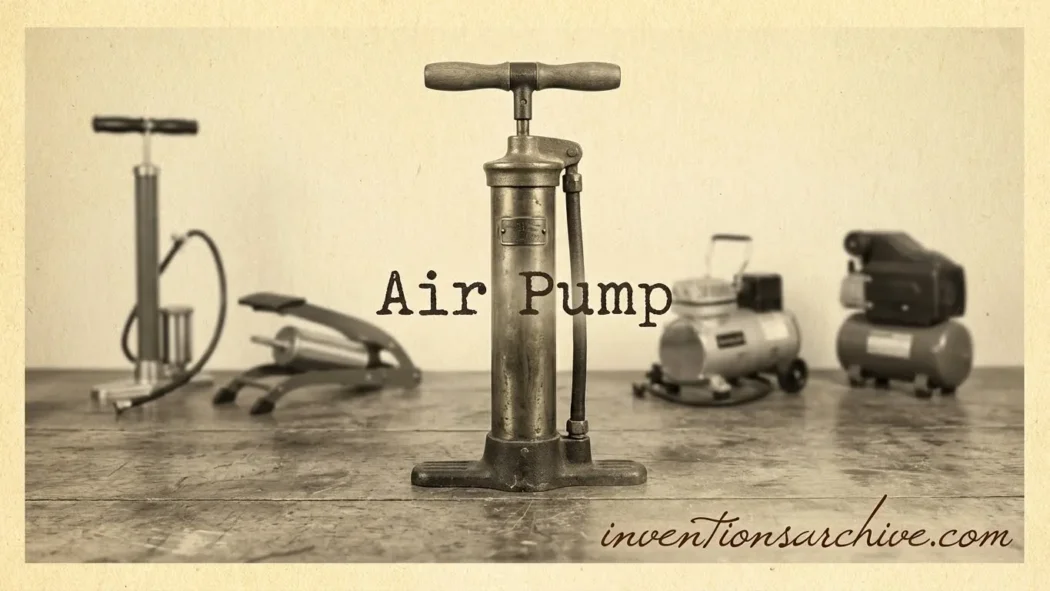 An air pump with a vertical piston, handle, and connected hoses, used for inflating objects.