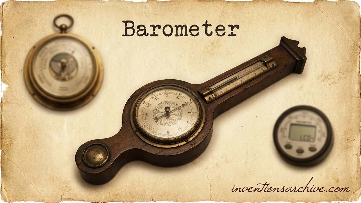 A vintage-style barometer with a dial and a long pointer indicating atmospheric pressure.