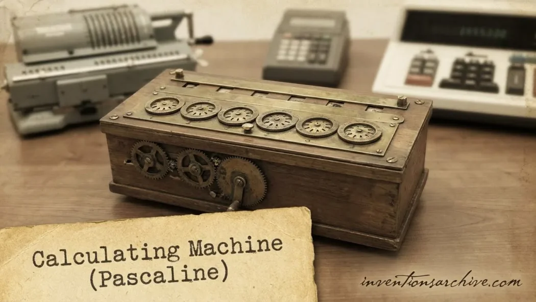 Pascaline calculating machine with a wooden exterior and a row of numbered dials.