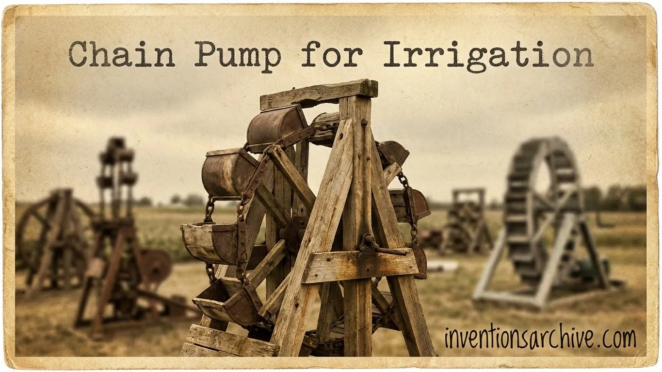 A chain pump for irrigation with a wooden frame and a metal chain system.