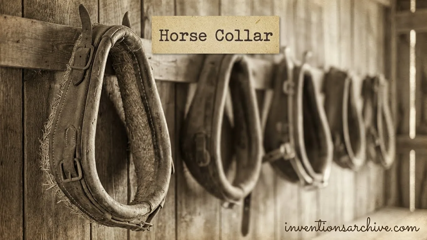 Horse collar invention shows padded leather straps and metal fittings hung on a wooden wall.