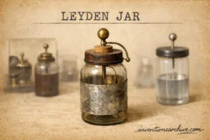 Leyden jar with metal and glass components used as an early electrical storage device.