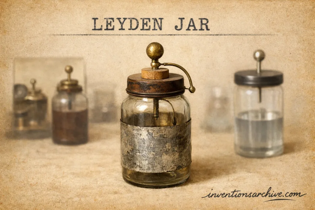 Leyden jar with metal and glass components used as an early electrical storage device.