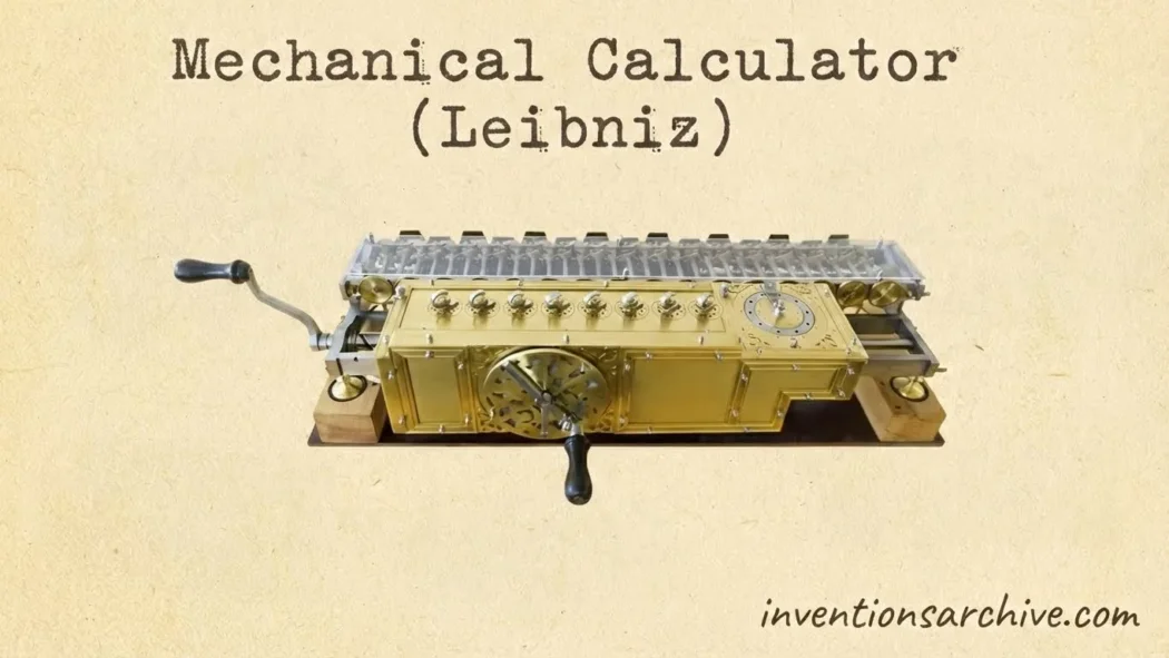 Leibniz's mechanical calculator with a row of gears and levers for calculation.