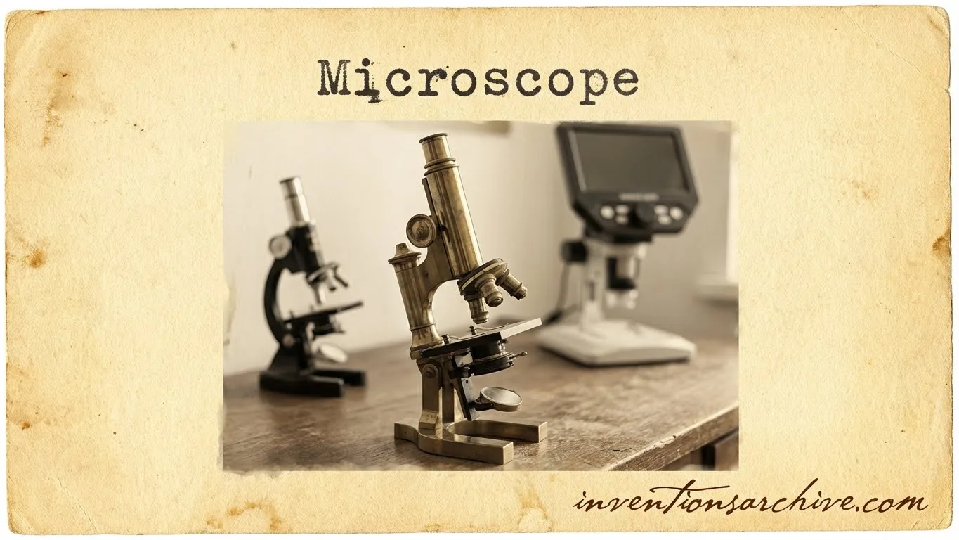 A microscope with three eyepieces and a digital display showing sample magnification.