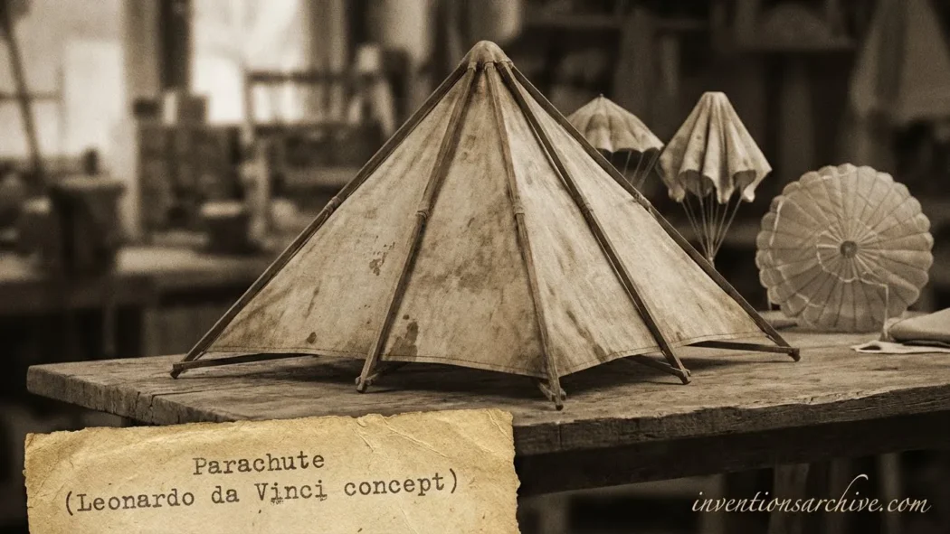 Leonardo da Vinci's parachute concept shown with a pyramid-shaped canvas and ropes.