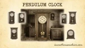 A pendulum clock with a wooden case, a round clock face, and weights hanging below.