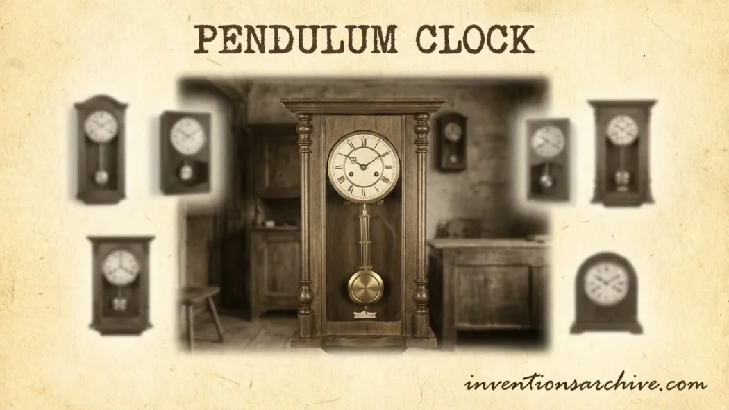 A pendulum clock with a wooden case, a round clock face, and weights hanging below.