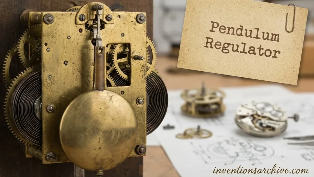 Pendulum regulator with a brass pendulum and mechanical components in the background.