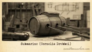 Cornelis Drebbel's submarine made of wood with barrels and oars for propulsion.