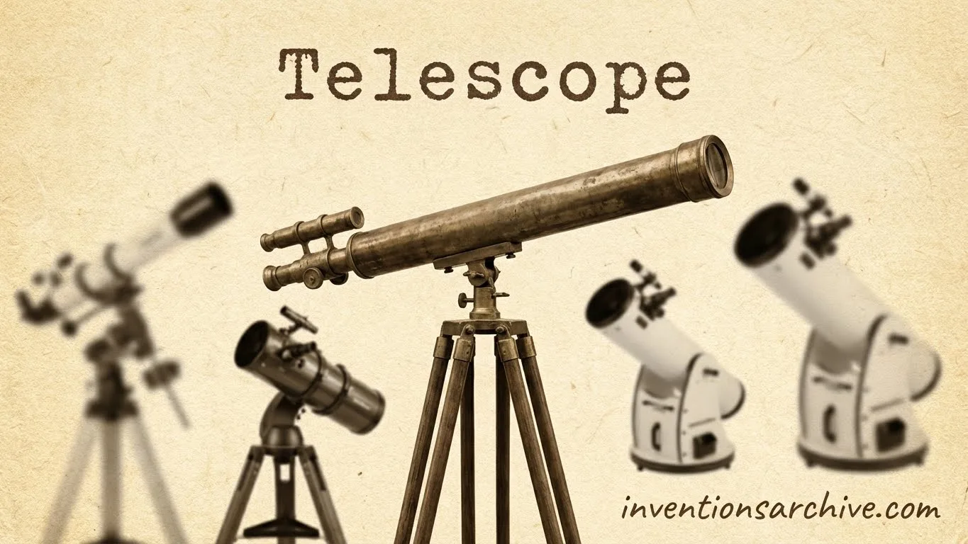 A large telescope with a long barrel on a sturdy tripod, surrounded by smaller telescopes.