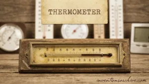 A vintage thermometer with a metal scale and a glass temperature tube.