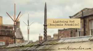 Benjamin Franklin's lightning rod mounted on a rooftop with a cloud and lightning in the background.