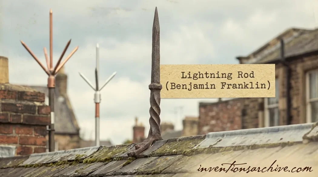 Benjamin Franklin's lightning rod mounted on a rooftop with a cloud and lightning in the background.