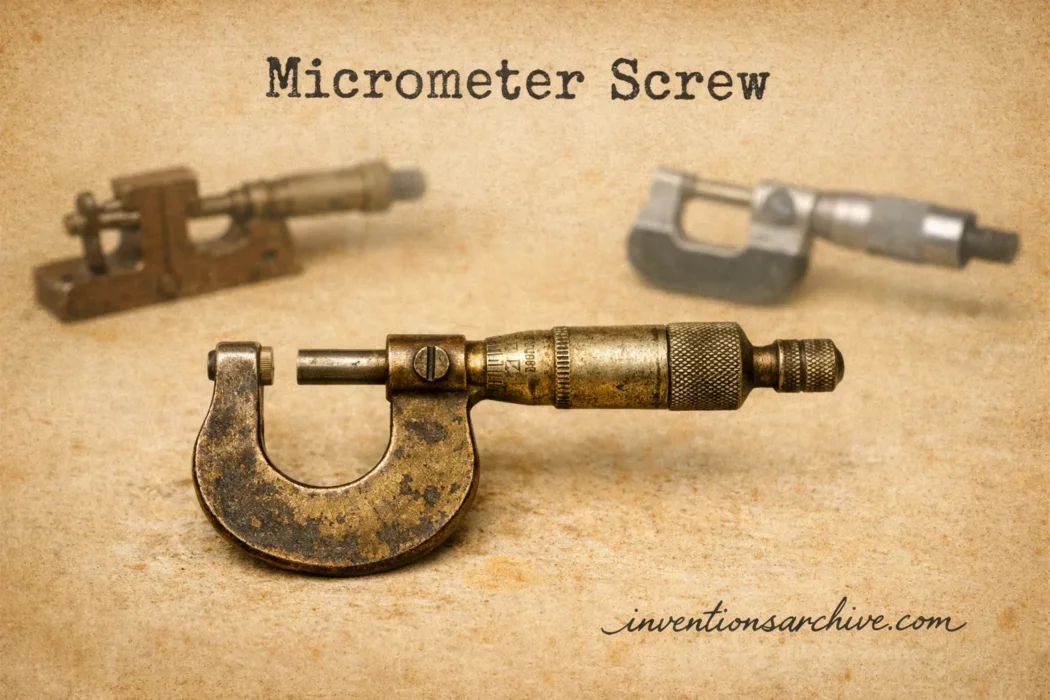 A close-up of a micrometer screw showing the spindle, thimble, and ratchet, illustrating the ICAT.