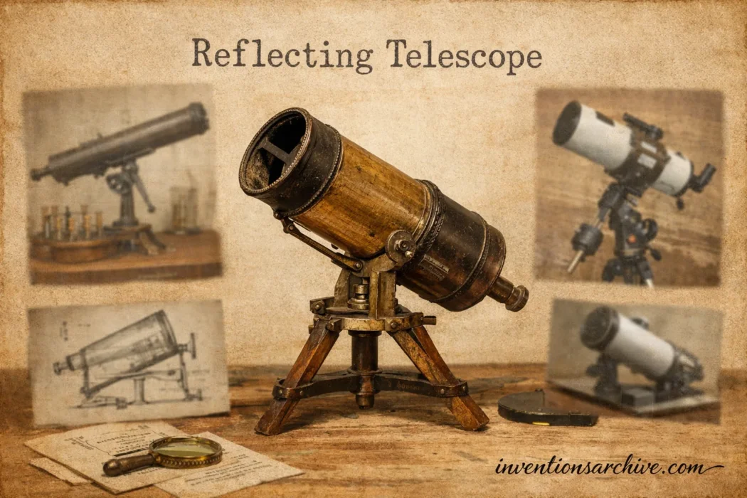 Vintage reflecting telescope with blurred old and modern versions on parchment background