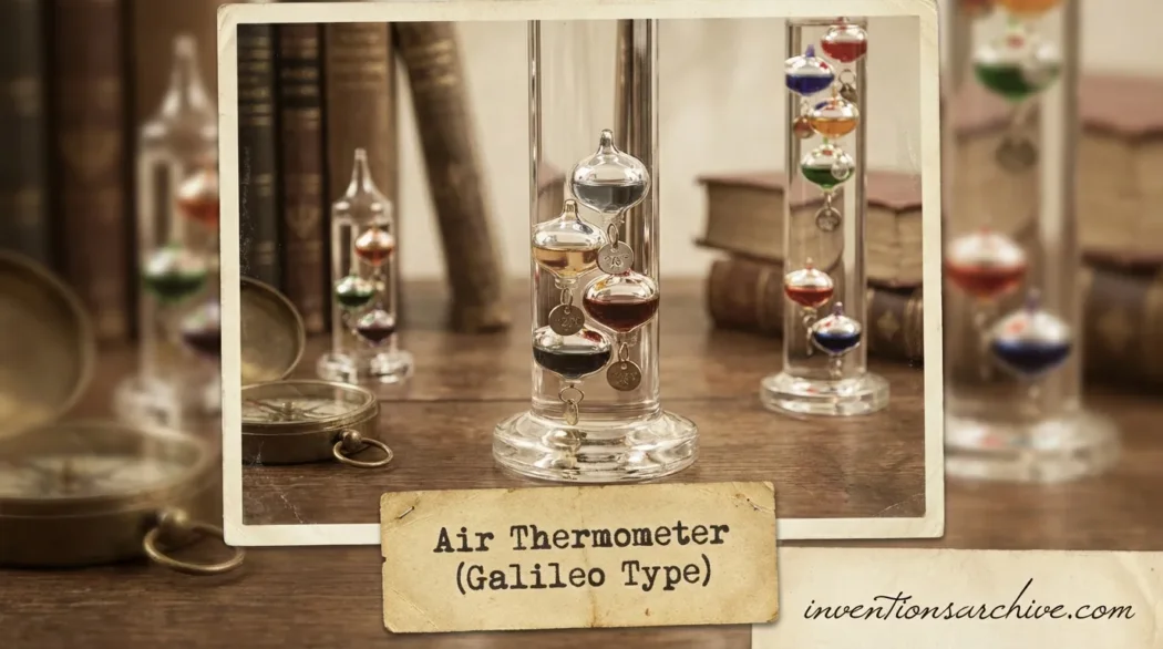 Glass tubes filled with colored alcohol and water, part of the Galileo type air thermometer.