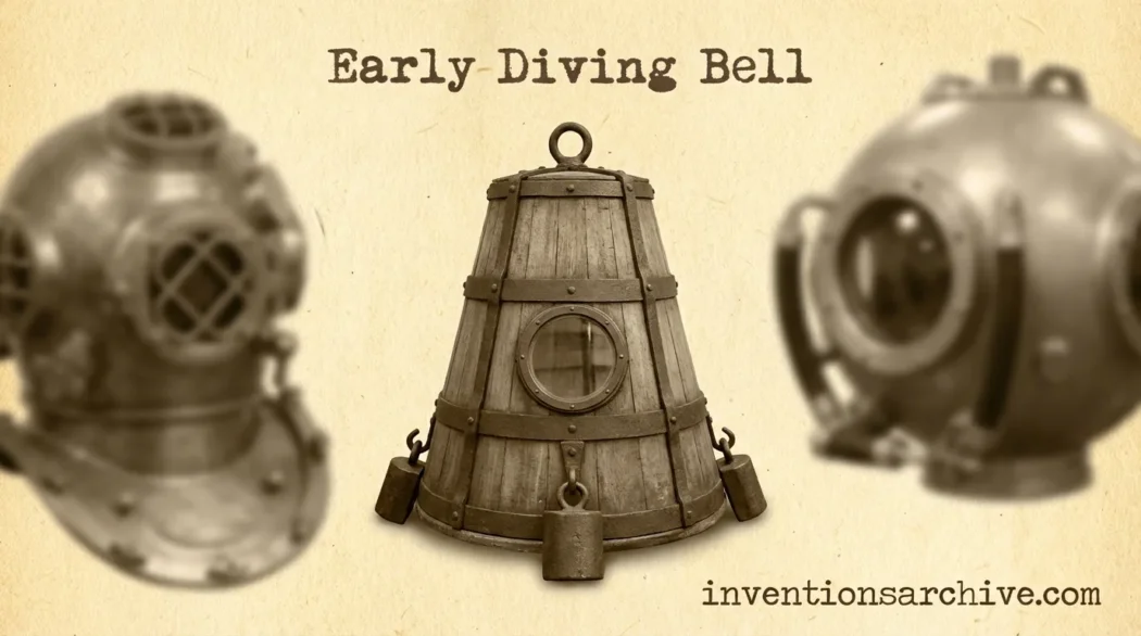 A detailed illustration of an early diving bell with a conical shape and portholes, showcasing its i…