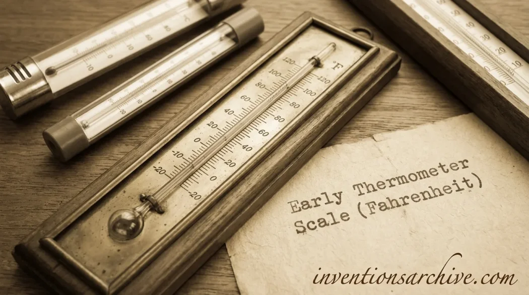 Early thermometer scale Fahrenheit with a glass thermometer and numbered scale.