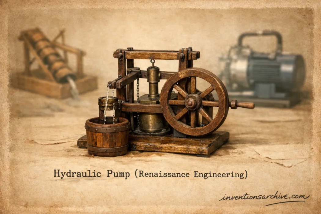 A vintage hydraulic pump with wooden wheels and metal components from Renaissance engineering.