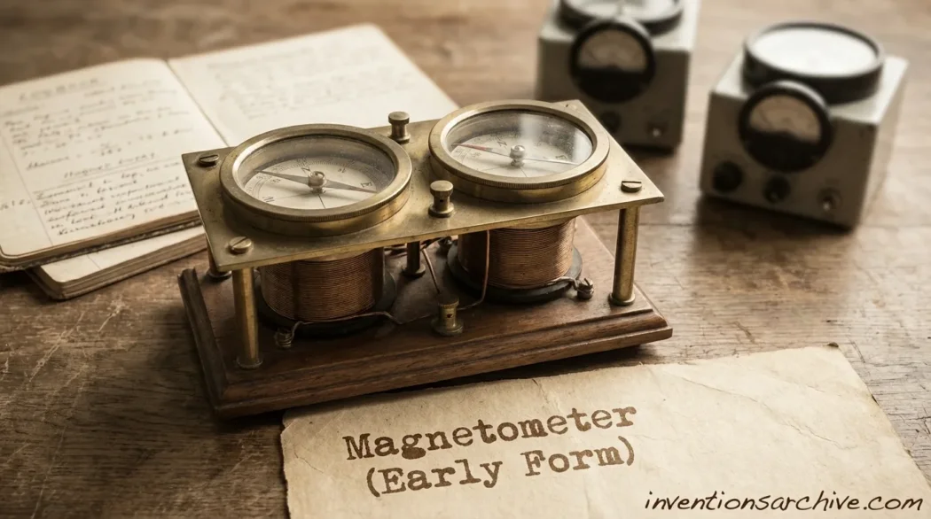 An early form of magnetometer with multiple circular dials and metal components.