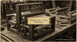 A mechanical loom prototype showing wooden parts, gears, and a weaving area.