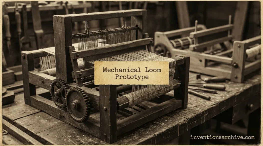 A mechanical loom prototype showing wooden parts, gears, and a weaving area.