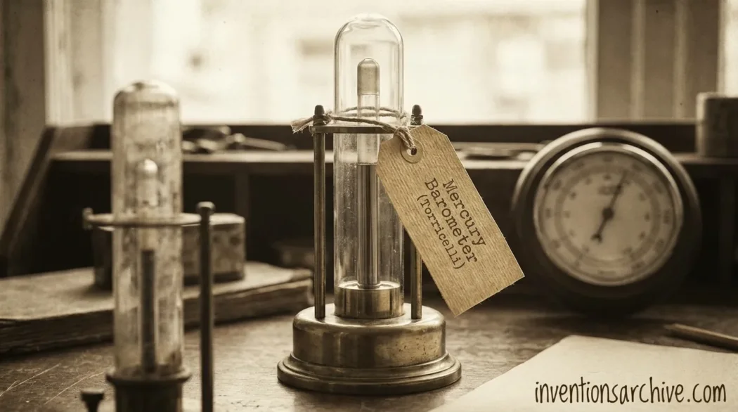 A mercury barometer (Torricelli) with a glass tube filled with mercury and a scale for measuring atm…