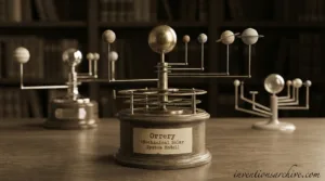 A mechanical solar system model (orrery) with rotating planets and spheres on metal arms.