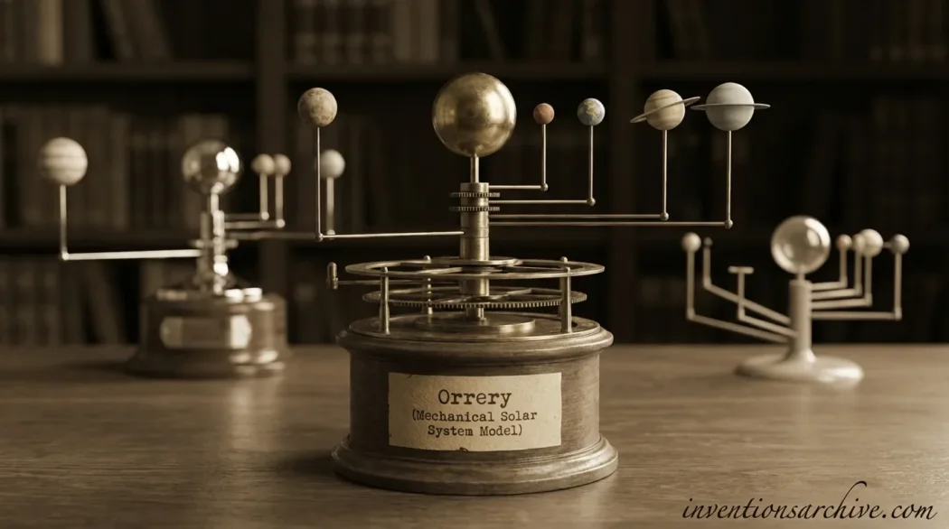 A mechanical solar system model (orrery) with rotating planets and spheres on metal arms.