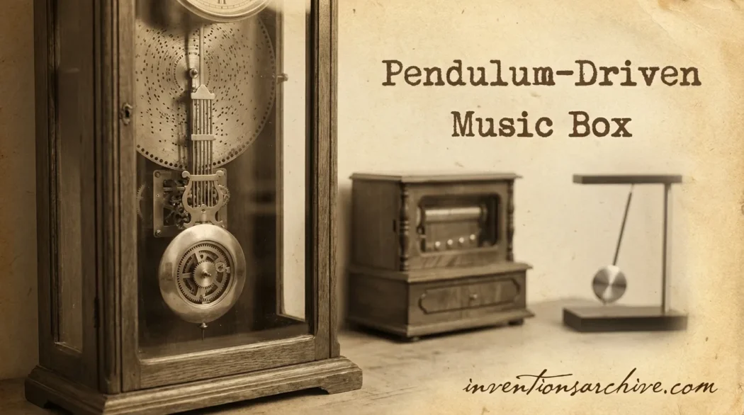 A pendulum-driven music box with a swinging pendulum next to a vintage control panel.