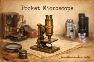 A pocket microscope with a gold-colored body and eyepiece, surrounded by small glass slides and tools on a wooden surface.