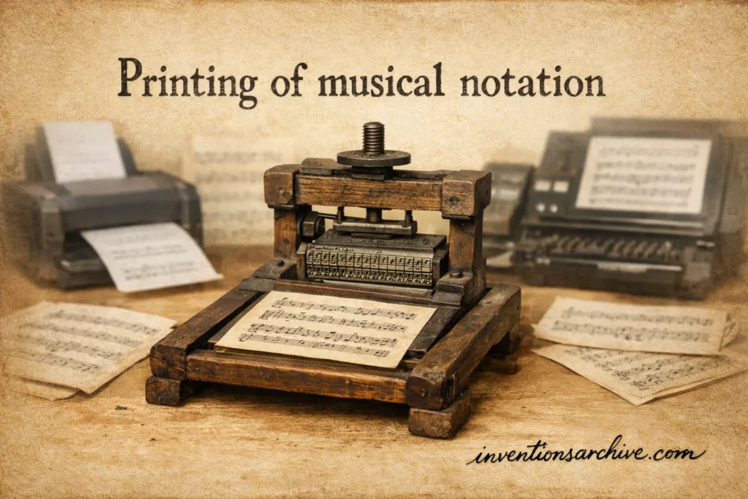 A vintage printing press prints musical notation sheets on a wooden table in the printing of musical notation.