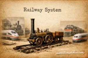 A small model of a steam locomotive from the railway system shown on a dirt surface with a background of tiny train cars.