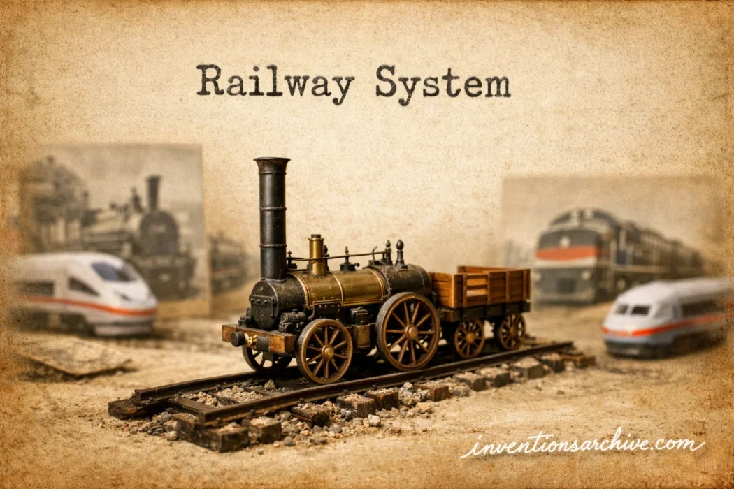 A small model of a steam locomotive from the railway system shown on a dirt surface with a background of tiny train cars.