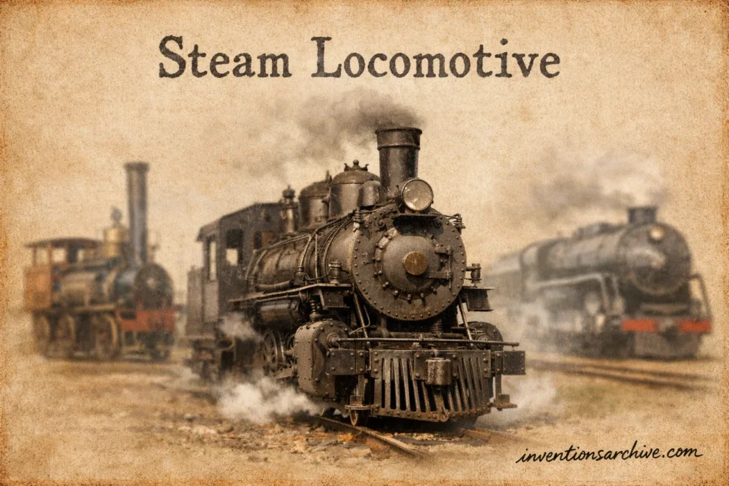 An old-fashioned steam locomotive with large wheels and a smokestack, emitting steam as it moves along the railway track.